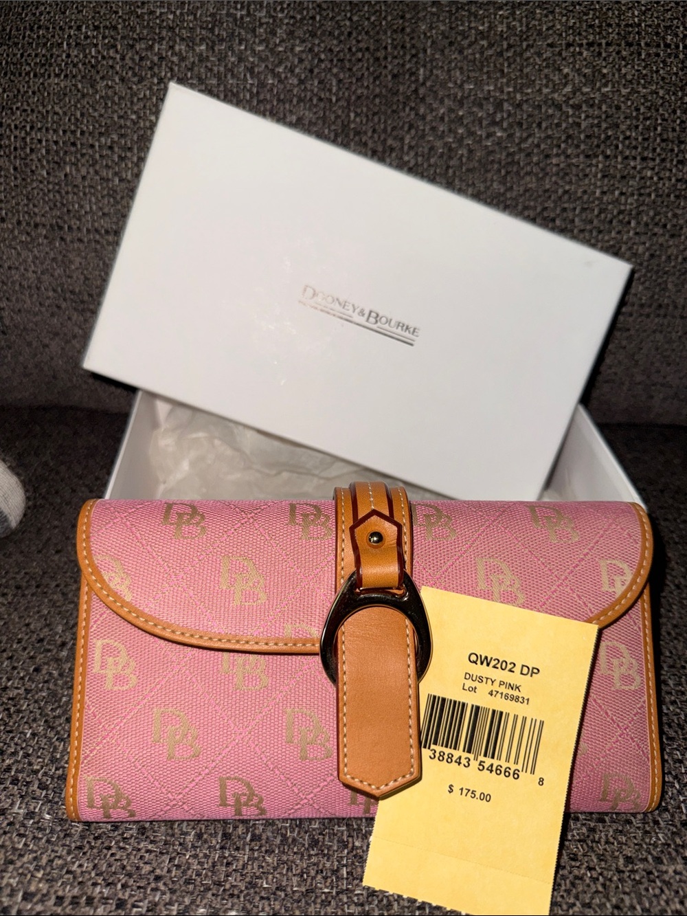 Dooney & Bourke Dusty Pink Wallet with Tan Trim and Buckle new in box